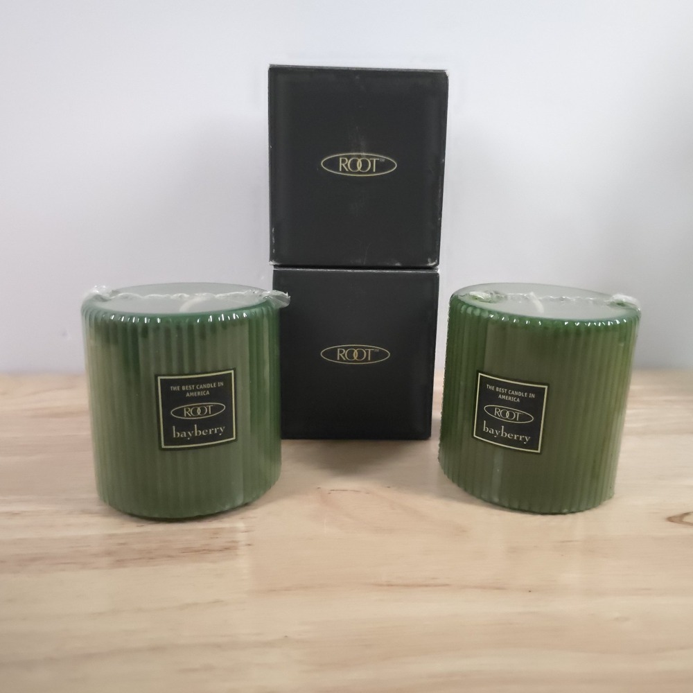 ROOT Bayberry Scented Grecian Pillar Candle 3" Beeswax Infused USA Made NOS x2